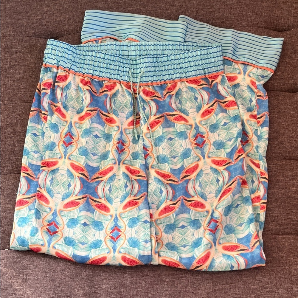 Cost Plus World Market Blue Satin Bird/Flamingo Pajama Pants size S/M